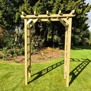 A picturesque wooden arch accents the outdoor space.